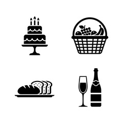 Illustration of a cake, fruit basket, bread and champagne, perfect for celebrating special occasions