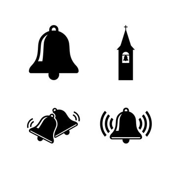 Vector art of collection of bell icons, featuring church bell tower, handbell, wedding bells, and notification bell