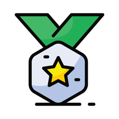 A stylized flat illustration of a medal with a green ribbon and a yellow star