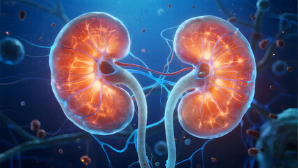 Glowing human kidneys with blood vessels and neural network
