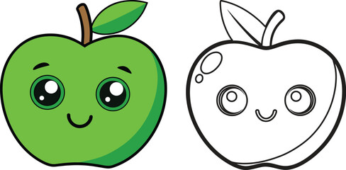 Green Apple Fruit Illustration with outline 