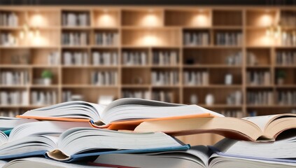 pile of old reading books on shelves in library