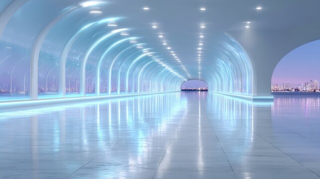 Futuristic White Tunnel with Blue Neon Lighting and Cityscape Background Glossy Floor Reflective Modern Architecture Corridor Illuminated Interior Design