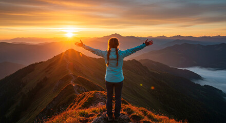 Fototapeta premium Woman with open arms on mountain top at sunset