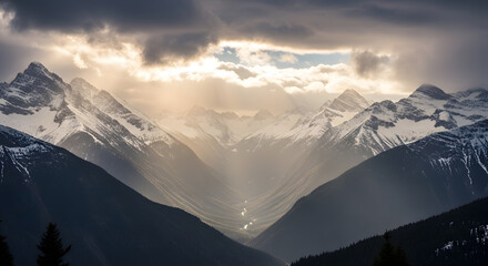 Dramatic sunbeams pierce stormy clouds over majestic snow-capped mountain valley, illuminating a winding river below.