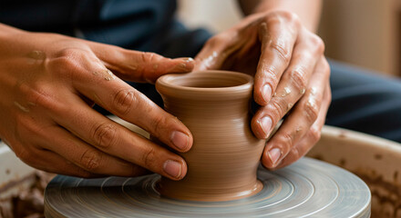 Artisan's hands molding clay on a potter's wheel.