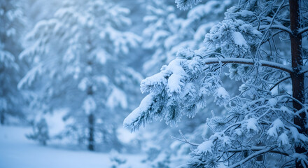 Stunning snow-covered pine branches create a serene winter wonderland scene, perfect for seasonal promotions and nature-inspired designs.