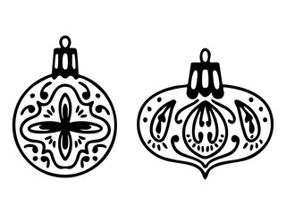 Christmas doodle set with two vintage ornaments. Hand drawn line art vector illustration on white background. 