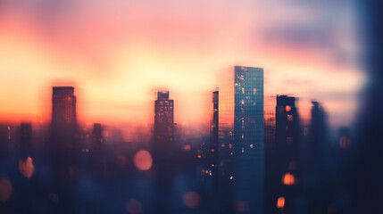 Fototapeta premium Blurred Sunset Reflections on Glass City Buildings – Modern Architecture and Corporate Branding Background