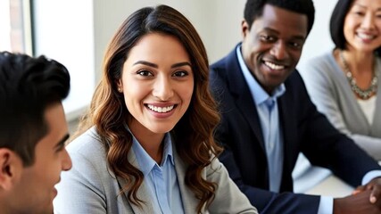 Smiling multiethnic business team in formal attire sitting together during meeting in modern office. Concept of teamwork, collaboration and professional success
- Powered by Adobe