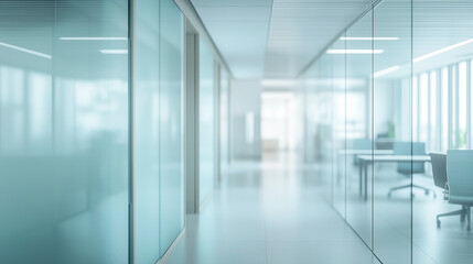 Blurred Modern Office Interior &ndash; Bright Workspace with Desks, Chairs, and Large Windows