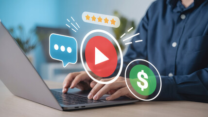 Person using a laptop with digital icons representing social media engagement video streaming and online monetization strategies