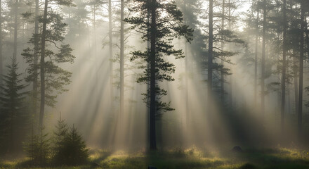 Mystical sunbeams pierce through foggy forest canopy creating an ethereal, dreamlike atmosphere of serene natural beauty and tranquility.