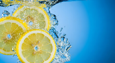 Juicy lemon slices splashing in refreshing clear water for drink advertising or summer recipes showcasing freshness and vibrant citrus flavor
