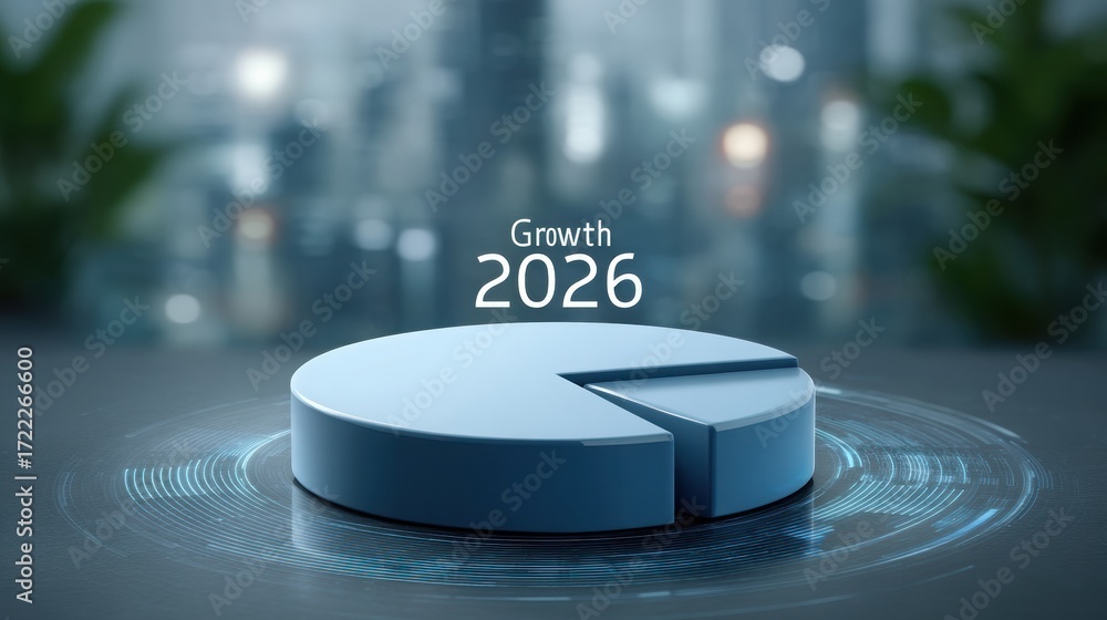 Poster startup growth 2026 3d pie chart visualizing growth projections for 2026 with a modern, digital back