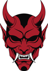 A striking pixel art depiction of an Oni mask, a traditional Japanese demon mask. Features sharp details, vibrant red coloring, and imposing horns. 