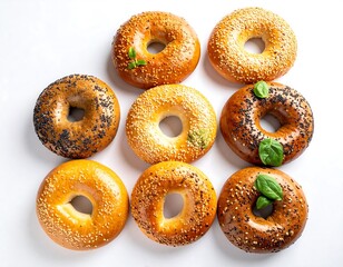 Nine bagels arranged in a grid pattern on a white surface