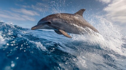 Fototapeta premium Dolphin leaping over ocean wave