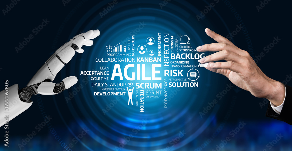 Poster a human hand reaches out to a robot hand, symbolizing collaboration in agile project management, sho