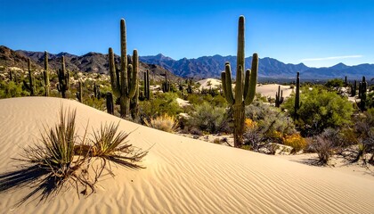 Fototapeta premium Desert landscape scene featuring sand dunes in the foreground, saguaro cacti, scrub brush, and mountains in the background