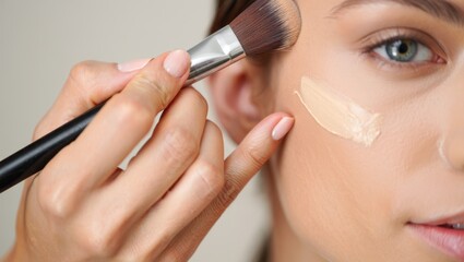 Woman applying liquid foundation to her cheek with a makeup brush, showing a close up on skin preparation for beauty and cosmetic enhancement, focusing on flawless complexion