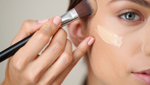 Woman applying liquid foundation to her cheek with a makeup brush, showing a close up on skin preparation for beauty and cosmetic enhancement, focusing on flawless complexion