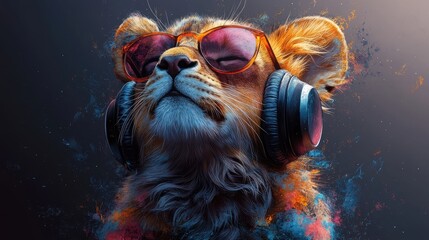 Cool lion cub with headphones and sunglasses rocking out in vibrant digital art creation for music lovers and animal enthusiasts
