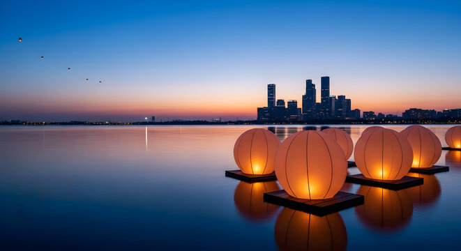 Spectacular glowing lantern spheres floating on serene water at dusk enhancing city skyline creating tranquil atmosphere