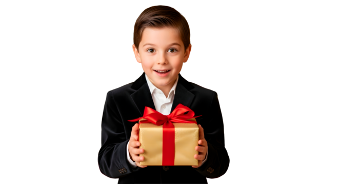 Boy holding a gift isolated on transparent background