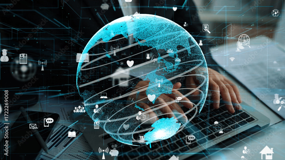 Poster a visually stunning digital globe combines social media icons and modern technology concepts, creati