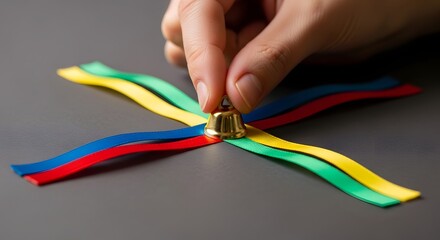 A person's hand reaches for a golden call bell with four colorful ribbons, symbolizing a choice of different services or customer support options