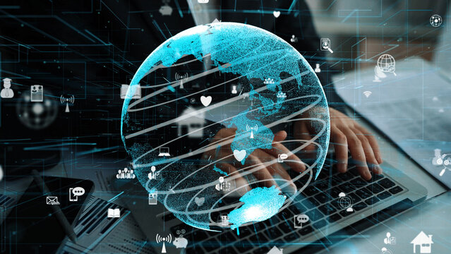 A visually stunning digital globe combines social media icons and modern technology concepts, creating an engaging representation of global connectivity in a workspace. Xenic