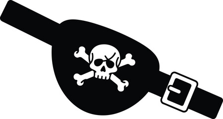 A black and white illustration of a pirate's eye patch featuring a skull and crossbones emblem. The patch is shown in profile view with an adjustable strap.