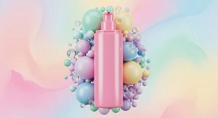Pink Cosmetic Bottle Surrounded by Pastel Spheres on Gradient Background