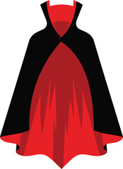 A striking illustration of a classic vampire cape. The design features a rich crimson lining contrasted with a sleek black exterior. Perfect for Halloween themes, fantasy projects, or dramatic present