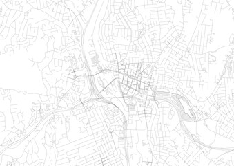 A detailed vector map of Waterbury, showing intricate road networks and urban infrastructure with a zoomed-in perspective.
