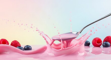 Pink yogurt splash with raspberries and blueberries, spoon in motion, vibrant pastel background