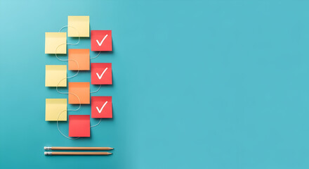 Creative process with colorful sticky notes checklist connected by string on a vibrant turquoise background signifying organization and workflow visualization.