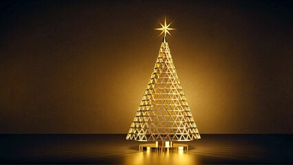 Stunning golden geometric Christmas tree with radiant star topper casts warm festive glow creating elegant holiday ambiance