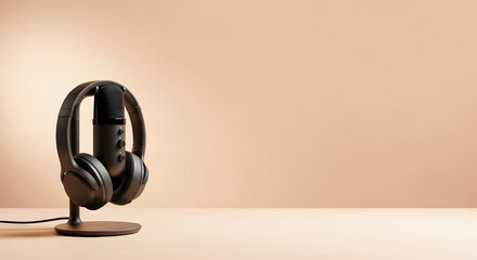 Podcast microphone with headphones for audio recording on wooden table perfect for sound production voice over streaming music talk shows