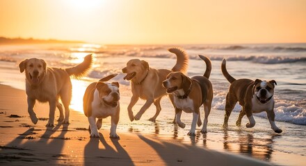Group of dogs running on the beach at sunset with golden light