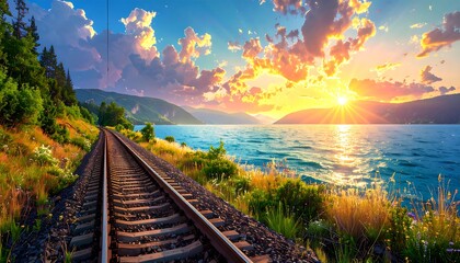 Scenic train tracks by a lake at sunset