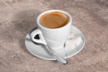 Traditional tasty hot coffee in cup on wooden table