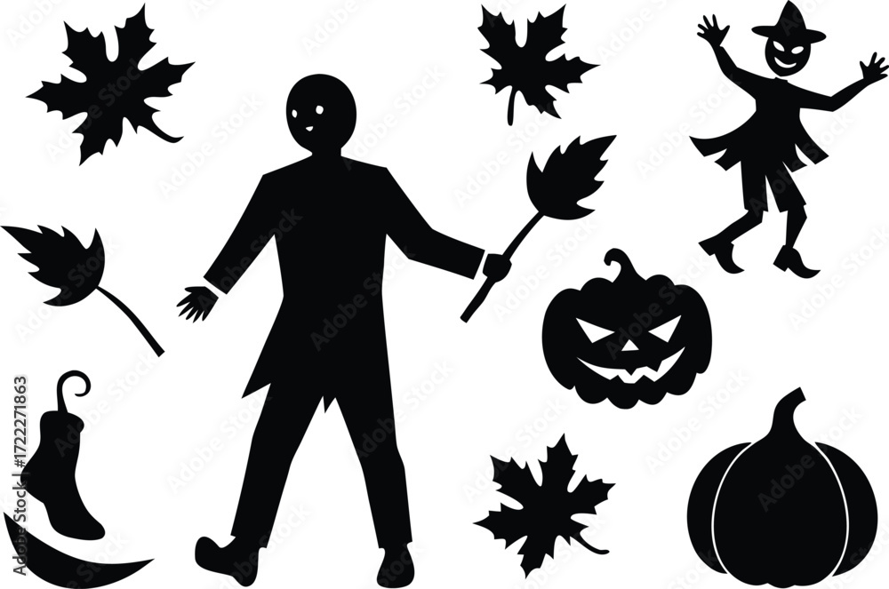 Poster silhouette vector graphics bundle featuring halloween elements and autumn leaves isolated on transpa