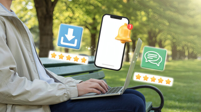 Person using laptop and smartphone with social media icons floating in a park representing digital connection and online communication