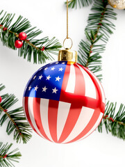 Christmas ball showing united states flag hanging with green fir branches