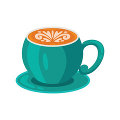 A turquoise coffee cup with latte art on a matching saucer