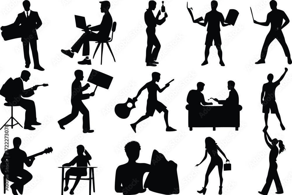 Poster diverse silhouette vector bundle dynamic poses for professional projects scalable eps icon isolated 