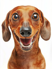 Funny dachshund dog smiling with open mouth and big eyes