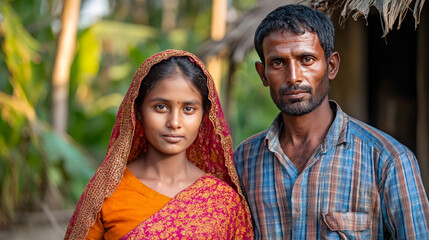Indian couple posing together in rural village setting